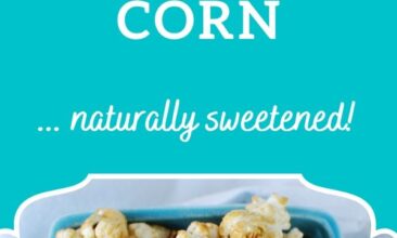 Pinterest pin, image is of homemade kettle corn in a bright blue carton. Text overlay says, "Homemade Stovetop Kettle Corn: maple syrup sweetened!"