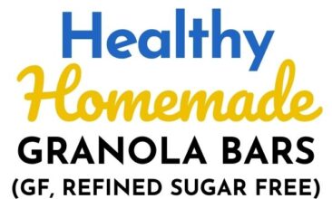 Pinterest pin with two images. One image is a white plate with two granola bars on it. Second image is of a mixing bowl filled with ingredients for granola bars. Text overlay says, "Healthy Homemade Granola Bars: GF & refined sugar free!"