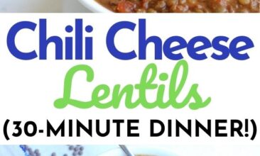 Pinterest pin with two images. One image is a white bowl filled with chili cheese lentils and grated cheese on top. Bottom image is another view of the same bowl of chili cheese lentils. Text overlay says, "Chili Cheese Lentils: 30 minute recipe!"