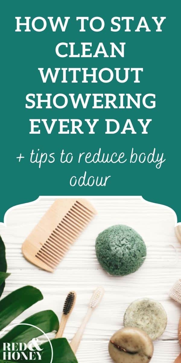 Pinterest pin, image is of shower products like a dry brush, comb, bar or soap, etc. sitting on a bathroom counter. Text overlay says, "How to stay clean without showering everyday + tips to reduce body odour".