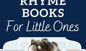 Pin collage, top image is of a young blonde girl reading a book at a table. Text overlay reads "Favorite Rhythm & Rhyme Books for Little Ones"