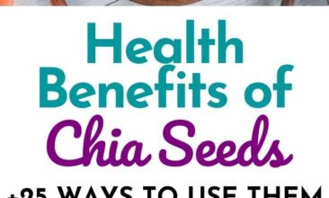 Two images, the one is a smoothie bowl with fruit and chia seeds on top, the second image is a bowl filled with chia seeds. Text overlay says, "Health Benefits of Chia Seeds: Plus 25 Ways to Use Them".