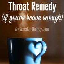 A steaming blue mug sitting on a table with text overlay, "The ultimate strep throat remedy (if you're brave enough)".