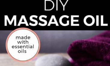 Pinterest image with two photos. The top image is of a woman getting a back massage, the second is a candle, towel and hot rocks. Text overlay says, "DIY Massage Oil: made with essential oils".