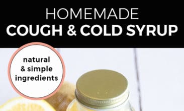 Pinterest pin with two images. Top image is of a jar filled with cough syrup next to a spoon and half a lemon. The second image is of a bowl filled with scraps of ingredients. Text overlay says, "Homemade Cough & Cold Syrup: natural & simple ingredients".