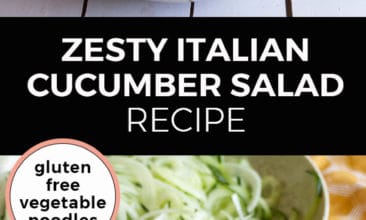 Pinterest pin with two images. The top image is a bowl of cucumber noodles with onions and tomatoes, the second image is of a bowl of cucumber noodles with tomatoes sitting on a table. Text overlay says, "Zesty Italian Cucumber Salad Recipe: Gluten free vegetable noodles".