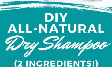 Pinterest pin with two images. One image is an 8 ounce mason jar filled with dry shampoo. Second image is of the open jar of dry shampoo with a makeup brush on a counter. Text overlay says, "DIY All-Natural Dry Shampoo: just two ingredients!"