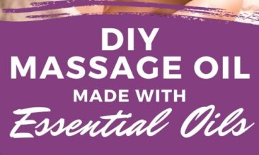 Pinterest image with two photos. One image is of a woman getting a back massage, the second is a candle, towel and hot rocks. Text overlay says, "DIY Massage Oil: made with essential oils".