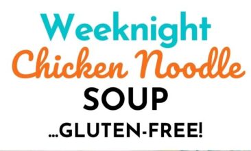 Pinterest pin with two images. One image is of a white bowl filled with chicken noodle soup and lots of veggies. Second image is another angle of a bowl of chicken noodle soup. Text overlay says, "Chicken Noodle Soup: Gluten-Free!"
