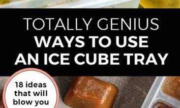 Pinterest pin with two images; the first image is of an ice cube tray filled with oil and fresh herbs. The second image is of frozen cubes of coffee. Text overlay says, "Totally genius ways to use an ice cube tray: 18 ideas that will blow you away!"