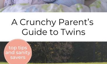 Pinterest pin collage, the first image is of twin young babies sleeping side by side, the second is of twin toddlers walking through a field together. Text overlay reads "A Crunchy Parent’s Guide to Twins"