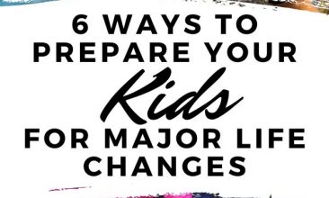 Pinterest pin collage, first image is of a map laid out on the table with other travel items, such as a passport, camera, hat, sunglasses, etc. and the second image is of 4 kids from the chest down, holding hands while they stand on a sidewalk in their rainboots. Text overlay reads "How to Prepare Your Kids for Major Life Changes"