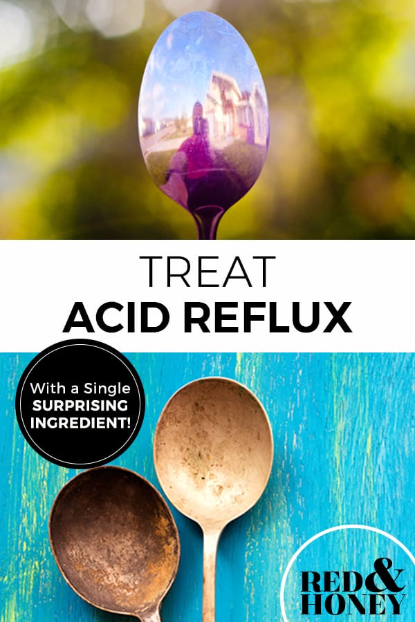 Two images of spoons with text overlay that says, "Tread Acid Reflux with a Single Surprising Ingredient".