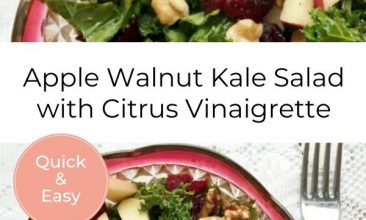 Pinterest pin collage of the Kale, apple, walnut salad, in a bowl with a cranberry rim. Text overlay reads "Apple Walnut Kale Salad with Citrus Vinaigrette"