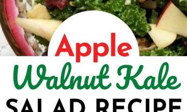 Pinterest pin collage of the Kale, apple, walnut salad, in a bowl with a cranberry rim. Text overlay reads "Apple Walnut Kale Salad with Citrus Vinaigrette"