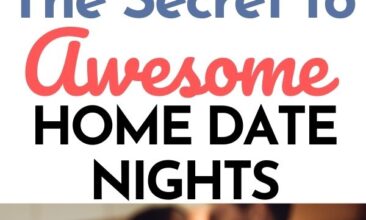 Pinterest pin with two images. One image is of a couple sitting at a counter giving each other a kiss. The second image is of two wine glasses clinking in a toast. Text overlay says "secret to home date nights: includes all five senses!"