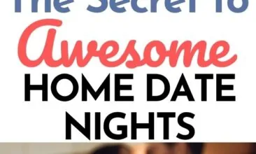 Pinterest pin with two images. One image is of a couple sitting at a counter giving each other a kiss. The second image is of two wine glasses clinking in a toast. Text overlay says "secret to home date nights: includes all five senses!"