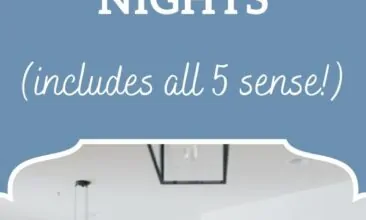 Pinterest pin, image is of a couple sitting at a counter giving each other a kiss. Text overlay says "secret to home date nights: includes all five senses!"
