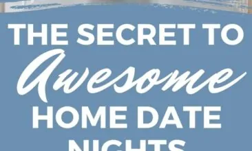 Pinterest pin with two images. One image is of a couple sitting at a counter giving each other a kiss. The second image is of two wine glasses clinking in a toast. Text overlay says "secret to home date nights: includes all five senses!"