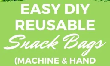Pinterest pin with two images. First image is of four kids sitting in the grass eating snacks out of homemade snack bags. Second image is of DIY snack bags in multiple fun patterned fabrics. Text overlay says "Reusable DIY Snack Bags + easy sewing tutorial".