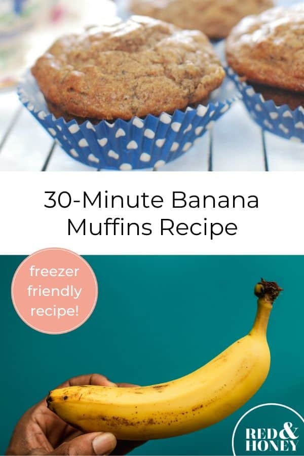 Pin collage, top image is of banana muffins in blue polka dot muffin liners sitting on a white wooden surface. The bottom image is of a turquoise wall with a yellow banana held up against it. Text Overlay reads "30 Minute Banana Muffins Recipe"