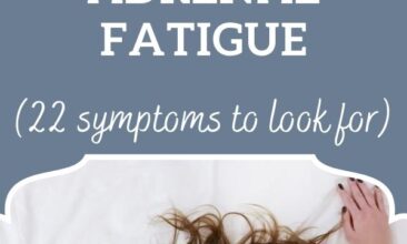 Pinterest pin, image is of a woman laying face down on a bed sleeping. Text overlay says, "Signs you may be suffering from adrenal fatigue: 22 symptoms to look for".