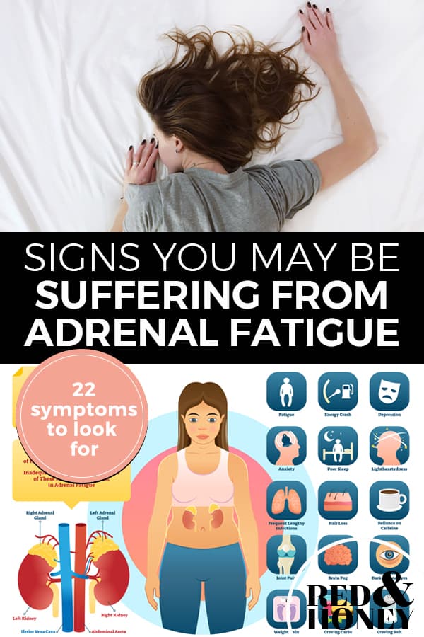 Pinterest pin with two images, the first image is of a woman laying face down on a bed sleeping. The second image is an infographic of poor adrenal health. Text overlay says, "Signs you may be suffering from adrenal fatigue: 22 symptoms to look for".