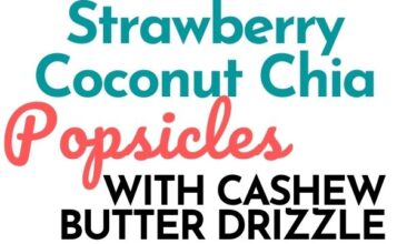 Pinterest pin with two images. Both images are of strawberry, coconut, chia, cashew butter popsicles. Text overlay says, "Strawberry Coconut Chia Popsicles... with cashew butter drizzle!"