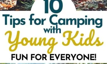 Pinterest pin with two images. Top image is of a dad sitting on a log with his two kids in the woods. Bottom image is of two little kids playing in the outdoors. Text overlay says, "10 Tips for Camping with Little Ones: fun for everyone!"