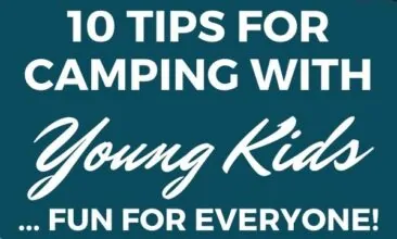 Pinterest pin with two images. Top image is of a dad sitting on a log with his two kids in the woods. Bottom image is of two little kids playing in the outdoors. Text overlay says, "10 Tips for Camping with Little Ones: fun for everyone!"