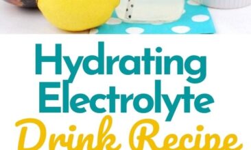 Pinterest pin with two images. Top image is of a pitcher with a lemon and some other ingredients on a counter. Bottom image is of a glass with a straw and the electrolyte drink. Text overlay says, "DIY Hydrating Electrolyte Drink: quench your thirst!"