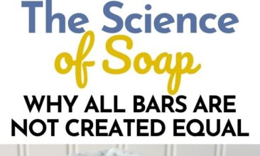 Pinterest pin with two images. The first image is of a 3 bars of soap and a lemon sitting on a bathroom counter. The second image is of a table of homemade soap bars. Text overlay says, "The Science of Soap; why all bars are not created equal!"