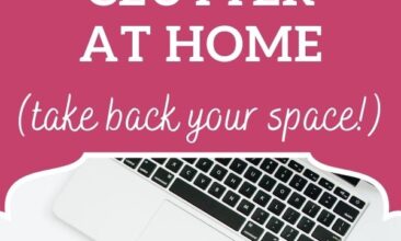 Pinterest pin, image is of a computer on a tidy surface. Text overlay reads "3 Tips for Reducing Paper Clutter at Home."