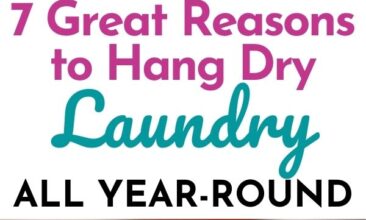 Pinterest pin with two images. Top image is of a bright pink cloth on a clothes line being hung by wooden clothes pins. Bottom image is of a woman adding clothes to a clothes line. Text overlay says, "7 Reasons to Hang Dry Your Laundry Year Round: + tips & tricks that work!"