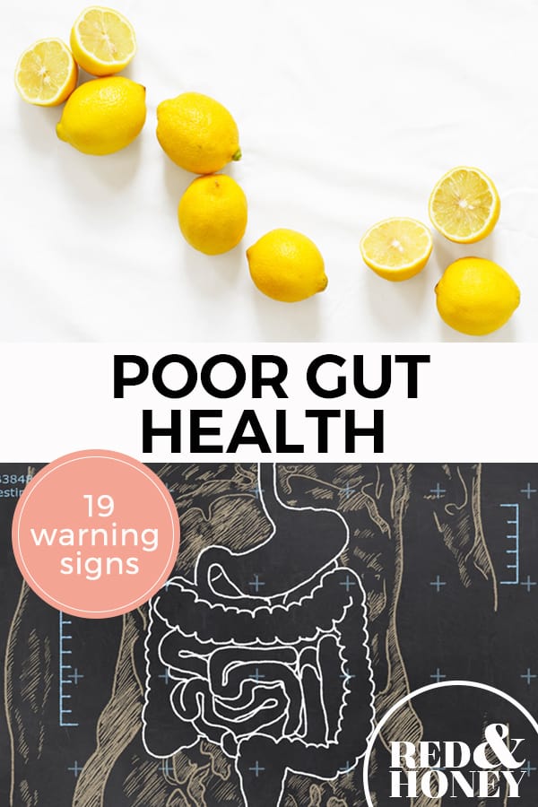 Pinterest pin with two images, the first image is of 5 lemons, one cut in half. The second image is a chalk drawing of a stomach with intestines. Text overlay says, "Poor Gut Health: 19 Warning Signs".