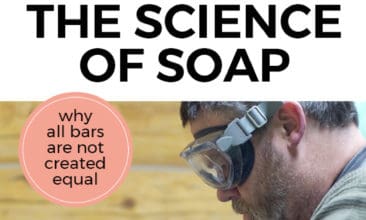 Pinterest pin with two images. The first image is of a 3 bars of soap and a lemon sitting on a bathroom counter. The second image is of a man pouring ingredients together with googles on making soap. Text overlay says, "The Science of Soap; why all bars are not created equal!"