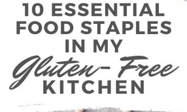 Pin image of wooden spoons laid out in a line, each with a different ground flour on the spoon, the whole grain sits in a small pile infront of the spoon. Text overlay reads "10 Essential Food Staples in My Gluten Free Kitchen"