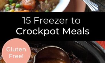 Pinterest pin with two images. First image is a bowl of beef stew with carrots and potatoes. Second image is a crockpot filled with beef stew. Text overlay says, "15 Freezer to Crockpot Meals - gluten free!"