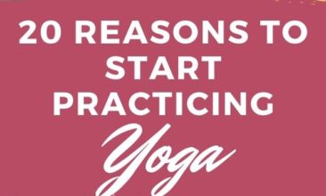 Pinterest pin with two images. First image is of a woman stretching down and touching the floor with her fingers. The second image is of a woman practicing a yoga stretch on a pier overlooking the ocean. Text overlay says, "Why You Should Start Practicing Yoga - 20 reasons why!".