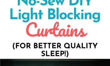 Pinterest pin with two images. One image is of a window with sheer curtains and light coming in. Second image is of striped light-blocking curtains. Text overlay says, "No-Sew DIY Light-Blocking Curtains: for better quality sleep!"