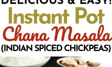 Pinterest Pin with two images. One image is of a white bowl filled with Chana Masala. Second image is of over a dozen small bowls filled with herbs and spices. Text overlay says, "Instant Pot Chana Masala: Indian Spiced Chickpeas".