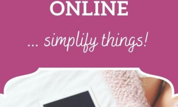 Pinterest pin, image is of a woman sitting in bed with a cup of coffee and an ipad. Text overlay says, "Embrace minimalism in your online life: 7 easy ways!"