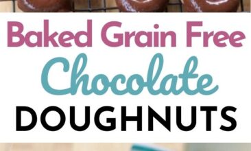 Pinterest pin with two images. One image is a stack of four doughnuts covered in powdered sugar. Second image is of doughnuts covered in a chocolate glaze. Text overlay says, "Baked Chocolate Doughnuts: grain-free!"