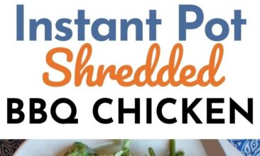 Pinterest pin with two images. One image is of a side angle of a plate with two small slider buns filled with bbq shredded chicken. Second image is of a vertical view of the same plate. Text overlay says, "Instant Pot Shredded BBQ Chicken - quick and easy!"