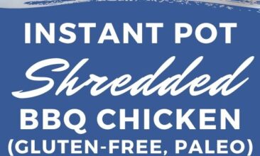 Pinterest pin with two images. One image is of a side angle of a plate with two small slider buns filled with bbq shredded chicken. Second image is of a vertical view of the same plate. Text overlay says, "Instant Pot Shredded BBQ Chicken - quick and easy!"