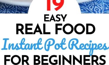 Pinterest pin with two images. First image is of pulled pork sandwiches on a plate. The second image is of an instant pot with ingredients on a counter. Text overlay says, "Easy Instant Pot Recipes for Beginners - 19 real food recipes".