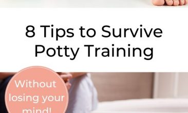 Pinterest pin collage, first image is of a potty with a child sitting on it, the second is of a potty sitting in a bathroom and 2 adults sitting on the edge of the bath in the background. Text Overlay reads "8 Tips to Survive Potty Training Your Kid Without Losing Your Mind"