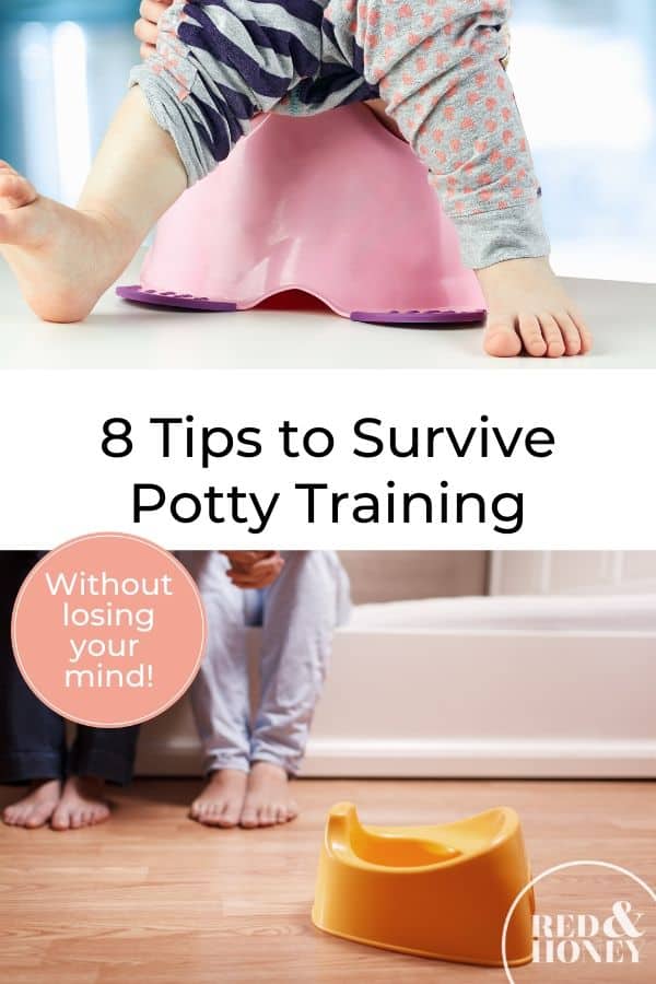 Pinterest pin collage, first image is of a potty with a child sitting on it, the second is of a potty sitting in a bathroom and 2 adults sitting on the edge of the bath in the background. Text Overlay reads "8 Tips to Survive Potty Training Your Kid Without Losing Your Mind"