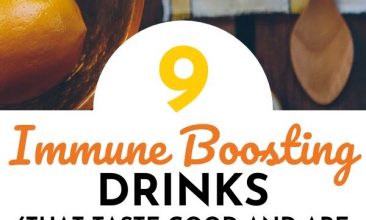 Pinterest pin collage of immune boosting drinks, a steaming mug, lemons in a cup, a jar of honey with a dipper resting nearby. Text overlay reads "9 Immune Boosting Drinks That are Good for You and Taste Good Too!"