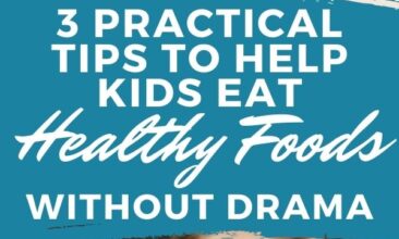 Pinterest pin with two images. First image is of two boys sitting at a table eating a plate full of veggies. Second image is of a little girl holding up a kale leaf. Text overlay says, "3 Tips to Help Kids Eat Healthy Food - without drama!"